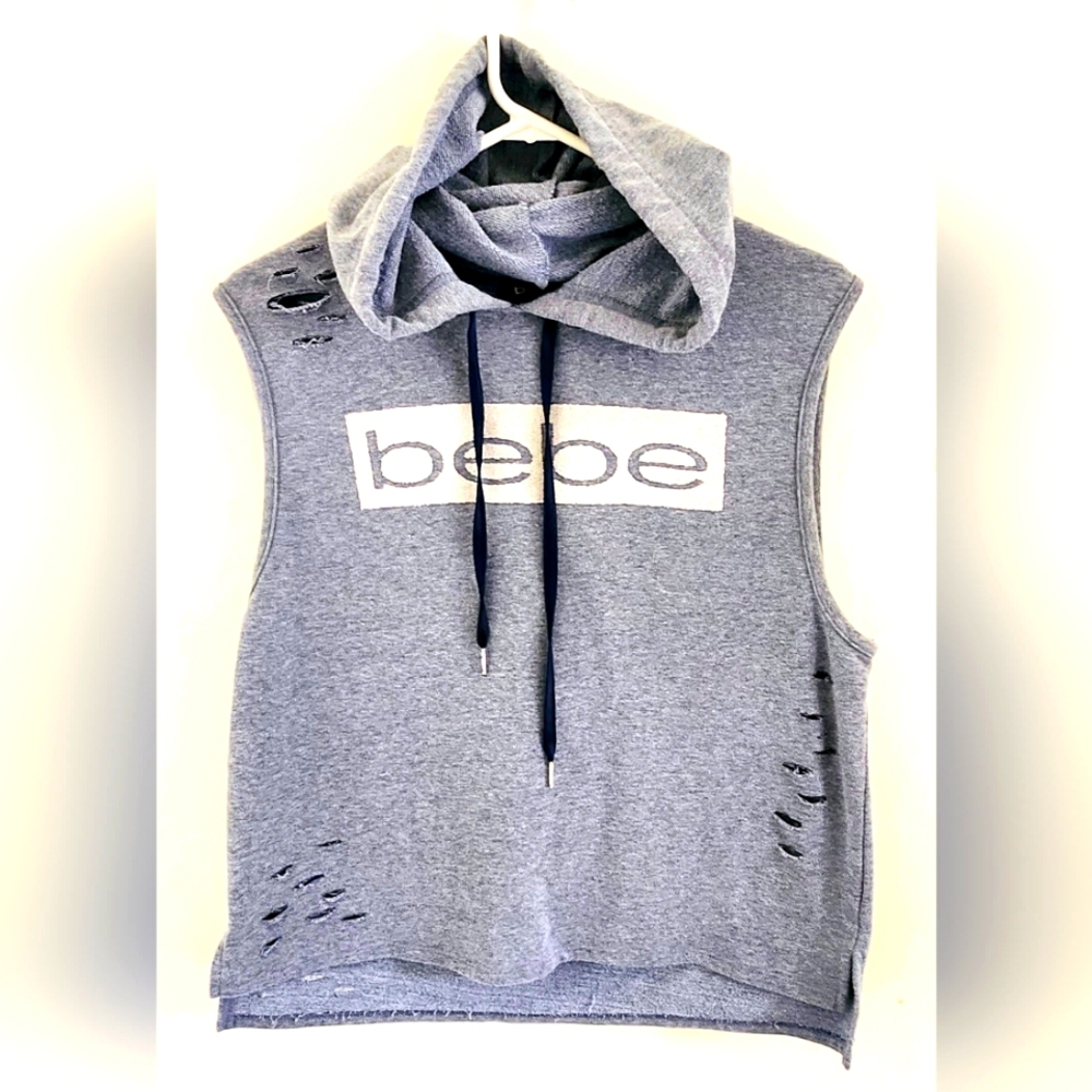 Bebe Sport Gray Distressed Hoodie Sleeveless Sweatshirt Pullover Unisex Sz M